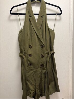 REISS Olive Green Double-Breasted Halter Romper